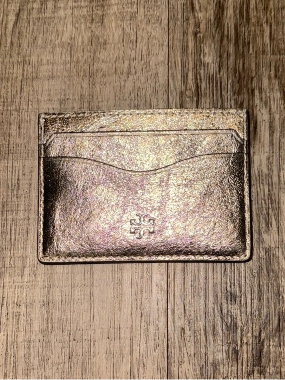 Tory Burch White Gold Metallic Slim Card Holder